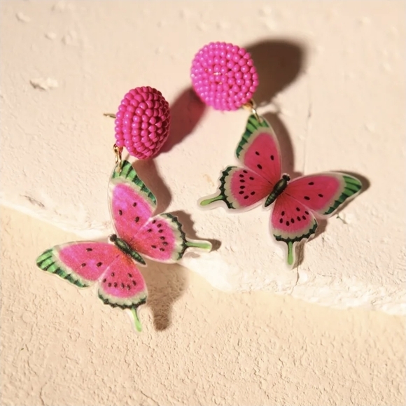 🍉 Pink Watermelon Butterfly Seed Bead Dangle Earrings - Picture 2 of 2
